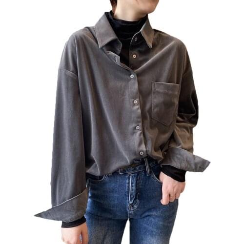 2021 Vintage Corduroy Shirt Female Spring Autumn Shirts Korean Outerwear Retro Long-sleeved Blouse Women Top 75b