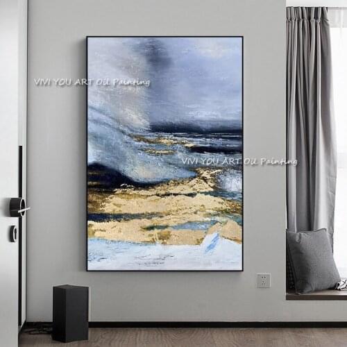 Handmade Abstract Blue Gold Foil Ocean Oil Painting on Canvas Seascape Posters Cuadros Wall Art Picture Living Room Decor