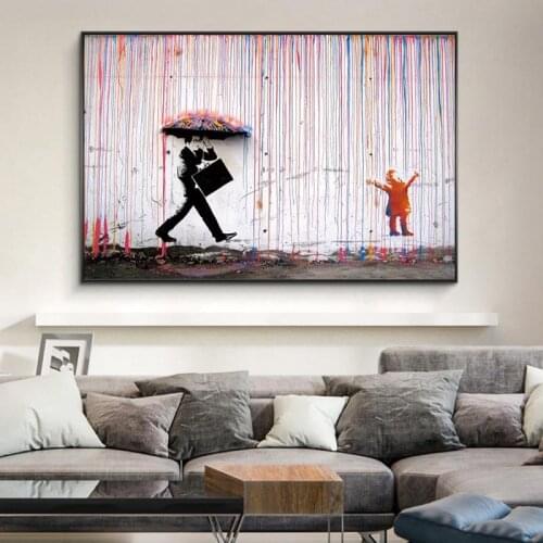 Banksy Walking In The Rain Street Graffiti Wall Art Canvas Paintings on The Wall Posters and Prints for Living Room Decor
