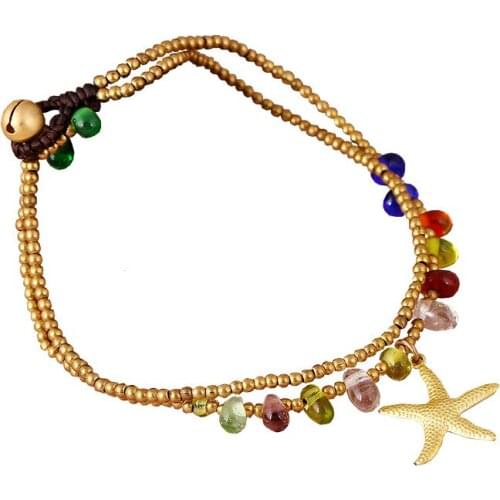 Retro Ethnic Style Handmade Glass Copper Beads Braided Womens Anklet Double Elephant Beach Vacation Female Anklet Foot Jewelry