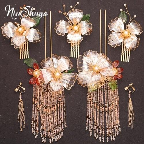 NiuShuya Flower Jewelry Bridal Wedding Hair Accessories Chinese Hairpins Clips Crystal Floral Head Jewelries