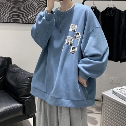 Women Blue Korean Spring Boys Holiday Hoodies Lady Student Cartoon Long Sleeve Men BF Printed Tops Streetwear Loose Hoodies