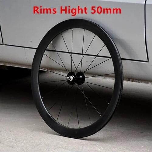 Fixed Gear Carbon Fiber Wheelset Lightweight Single Speed Racing Wind Breaking Flat Spoke Rims 50mm High Front 20H Rear 24H Hubs