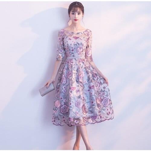 Short Formal Floral Emboridery O Neck Evening Dresses Elegant Half Sleeves Wedding Party Dress Vestido De Noche Personalizado