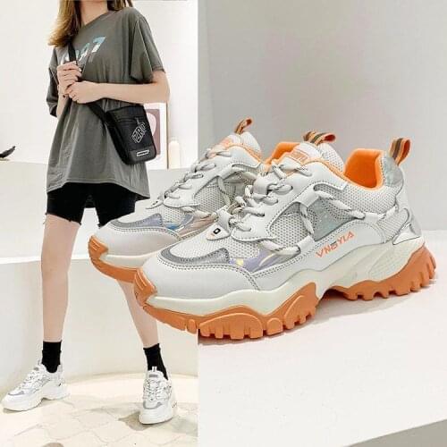 Chunky Sneakers Platform Fashion Designers Mesh White Old Dad Shoes Woman Lace Up Sports Casual Shoes Tennis Female Orange 5cm