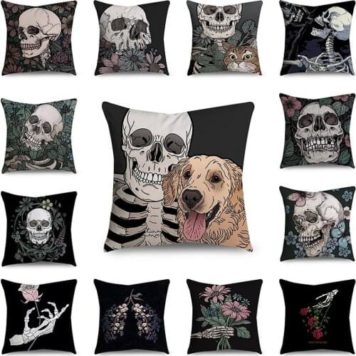Halloween Skull Single Side Printed Pillowcase Butterfly Floral Back Decorative Cushion Cover Vintage Sofa Car Chair Home