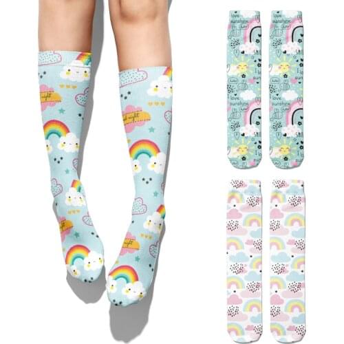 Lovely Girls Rainbow Clouds Socks Compression Harajuku Long Pink Socks Funny Personality Thigh High Womens Cotton Unicorn Socks