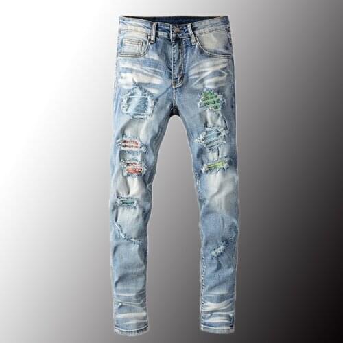 New Luxury Mens Crystal Ripped Slim Skinny Jeans Streetwear Trendy Holes Destroyed Light Blue Denim Pants Plus Size 40