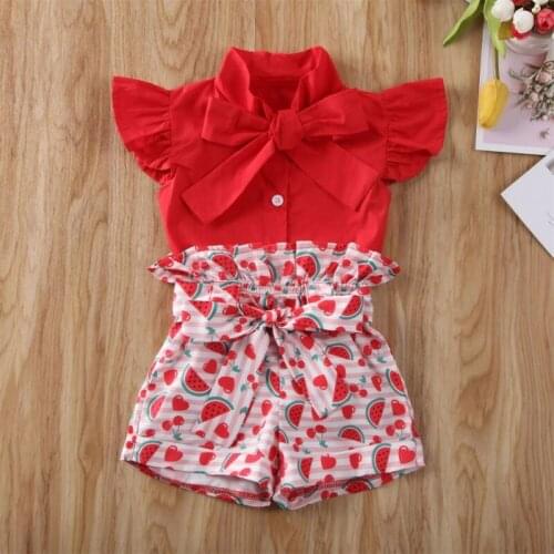 1-6 Years Toddler Kids Baby Girls Summer Fashion Clothes Set Off Shoulder Top Shirt Watermelon Print Shorts Clothes