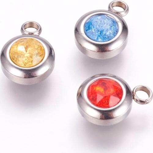 10pcs 304 Stainless Steel Women Girl Necklace Bracelets Pendant Small Charm Round For DIY Jewelry Making Colorful 14x10x6mm