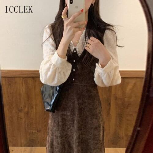 Suitable For Spring Autumn 2021 Ladies Dress Mid-Length Dress Korean One-Piece V-Neck Lace Panel Velvet Dress Office Dress 571