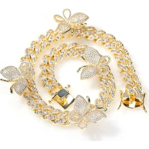 Luxury Iced Out Diamond Butterfly Necklace Custom Silver Gold Hip Hop Jewelry 12mm Cuban Chain Crystal Necklaces
