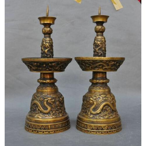 Old Chinese Pure bronze dragon play bead Statue Candle Holder Candlestick Pair
