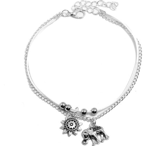 Vintage Ankle Bracelets Two Layers Elephant Charm For Women Summer Fashion Anklet Enkelbandje Halhal Bracelet On The Leg Chain