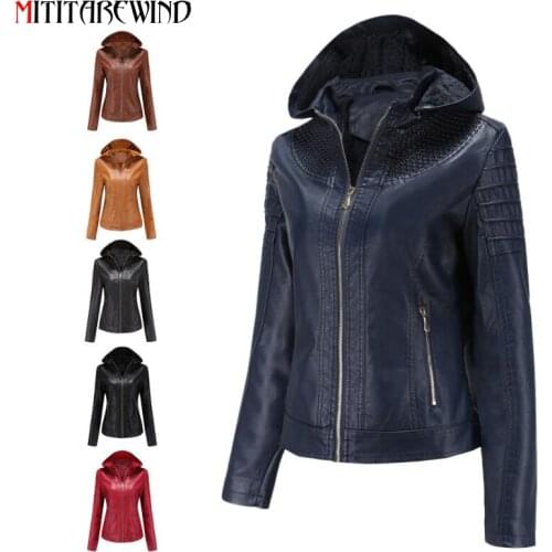 2020 Autumn Winter New Womens PU Leather Jacket Fashion Hooded Collar Windbreaker Leather Coat Female Velvet Keep Warm Jacket