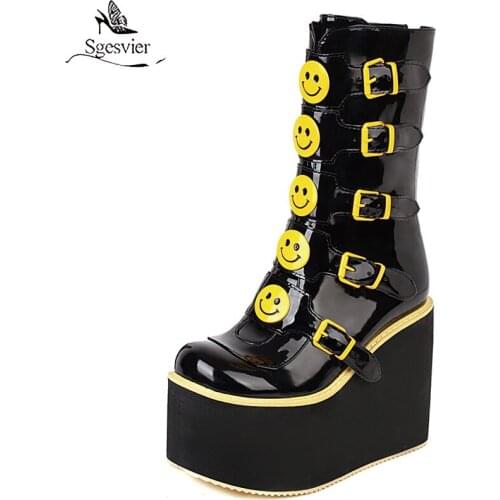 Sgesvier Black Wedges Platform Ankle Boots For Women Autumn Winter High Heels Punk Short Boots Lolita Style Shoes Bottes Femme