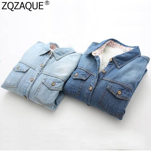 New Size XXL Women Fleece Shirts 2018 Winter Warm Denim Tops Fashion All-match Girls Cowboy Thermal Outerwear Blouse Tops SY1871