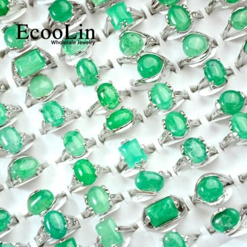 15Pcs Green Natural Stone Silver Plated Women Rings For Woman Fashion Wholesale Jewelry Bulks Lots Christmas Gift LR4007