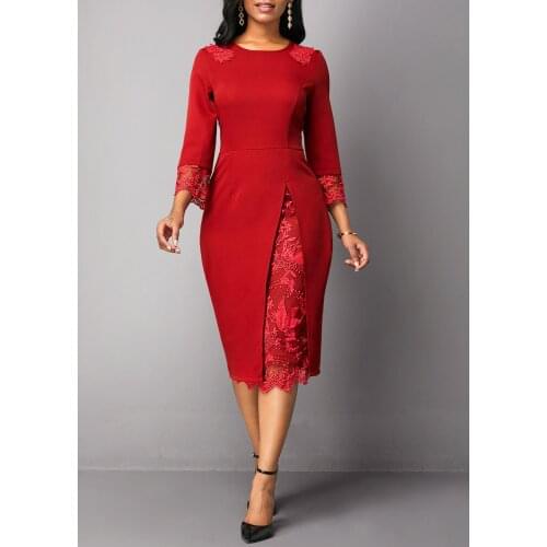 Autumn Women 2020 New Red Solid Color S-5xl Large Size Elegant Lace Stitching Slim Dress Plus Size Office Work Dress Vestidos