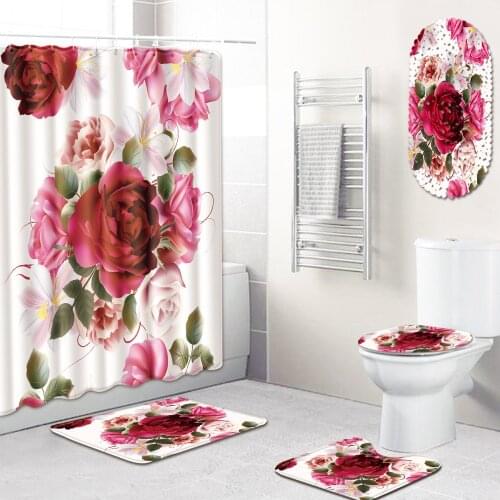 Flowers Print Shower Curtain 3D with Hooks 5 Piece Bathroom Rug Sets Anti Slip Carpet with Shower Mat New Year Bath Mat