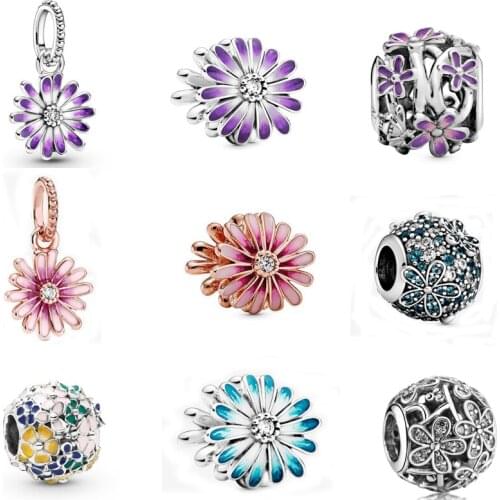Free Shipping 925 Sterling Silver Pink Purple Blue Daisy Flower Charms Fit Original Pandora Bracelets For Women DIY Jewelry