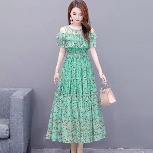 Elegant Womens Dress Summer spring O-Neck Butterfly Sleeve A-Line Womens Dress Natural style Female Green Clothes SS3436