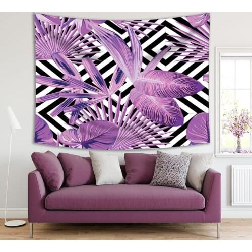 Tapestry Summer Exotic Jungle Plant Tropical Palm Leaves on Geometric Background Art Printed Purple Black White