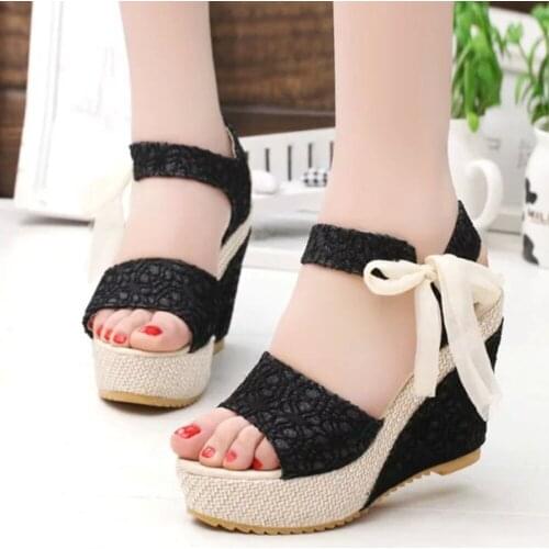 Fashion Women Sandals Summer Wedges Womens Sandals Platform Lace Belt Bow Flip Flops Open Toe High-heeled Women Shoes