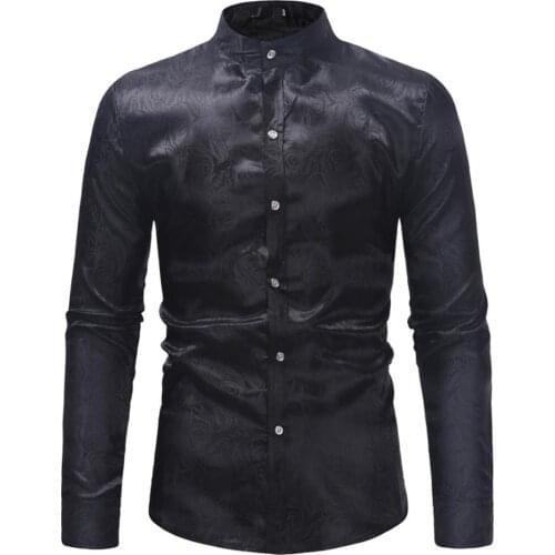 Black Paisley Print Shirt Men 2020 Brand New Long Sleeve Mandarin Collar Shirt Mens Wedding Party Tuxedo Shirts Chemise Homme