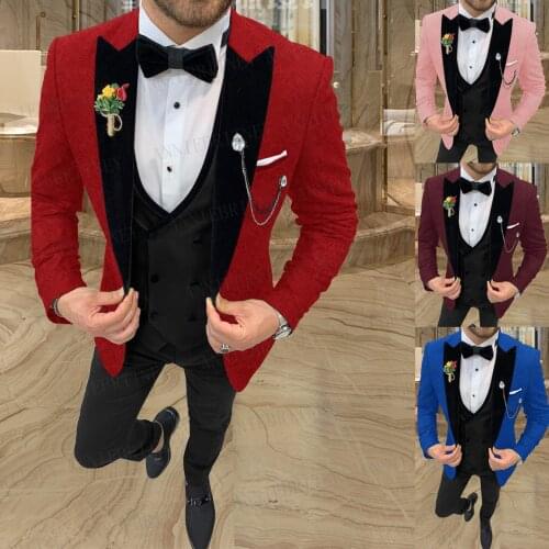 2021 Fashion Jacquard Red Wedding Groom Suit Dress Tuxedo Mens Dinner Blazer Purple Jacket Double Breasted Vest Pants 3 Pieces