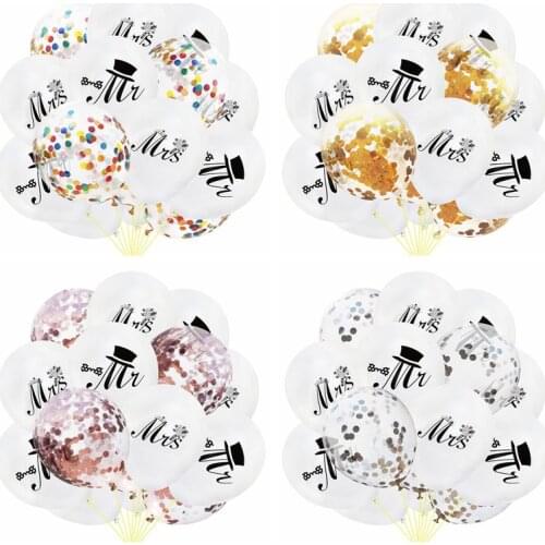 New 15Pcs 12" White Mr&Mrs Wedding Printed Latex Balloons Gold Sequins Air Ballon for Wedding Engaged Party Decorations Supplies