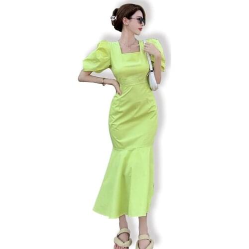 2021 New The Temperament Shows A Thin Back Bow Square Bubble Sleeve Dress with A Full-length Body-sized Hip Fishtail Dresses