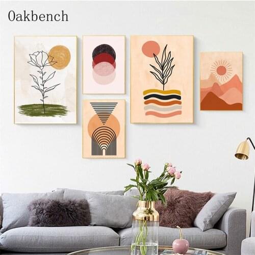 Boho Poster Abstract Canvas Painting Line Leaf Flower Wall Art Print Sun Geometry Posters Wall Pictures For Living Room Decor