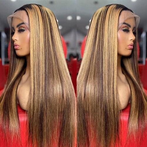 Highlight Straight 180Density 13*4 Lace Front Human Hair Wigs PrePlucked Lace Wigs With Baby Hair For Black Women Bleached Knots