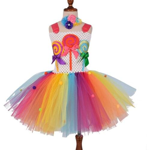 Rainbow Princess For Girls Tutu Dress Halloween Birthday Party Clothes Lollipop Flower Girl Dresses With Headband Costumes Kids