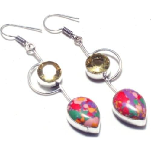 Rainbow Calsilica + Citrine , Silver Overlay on Copper Earrings , Hand made Jewelry Gift