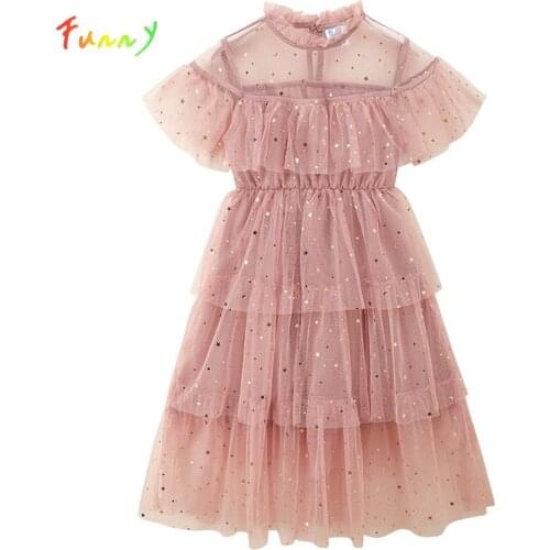 Pink Mesh Girls Dresses Summer 2021 Short Sleeve Star Sequins Birthday Party Dress for Kids Girl Tutu Cake Princess Costume