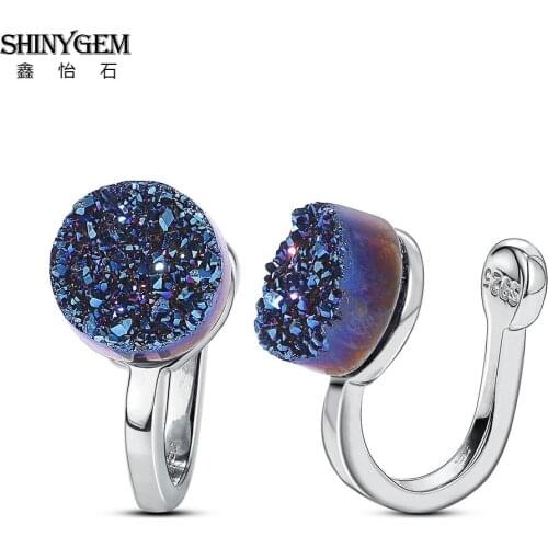 ShinyGem Fashion 6-10mm Round AAA Crystal Druzy Clip On Earrings 925 Silver Charm Geode Gem Stone Non Piercing Earring For Men