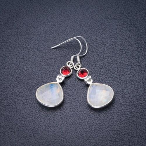 StarGems Natural Rainbow Moonstone Nad Garnet Handmade 925 Sterling Silver Earrings 1.75" D6544