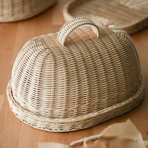 Vintage Handmade Rattan Oval Food Cover Home Kitchen Restaurant Leftovers Buckle Dish Lid Tray Fruit Plate Display Stand Decor