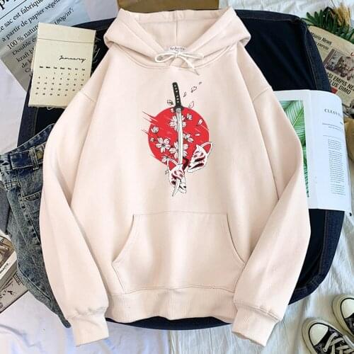 Japanese Samurai Sword And Mask In Cherry Blossoms Printed Hoodies Women Oversized O-Neck Sweatshirt Lady Harajukua Hoodied Tops