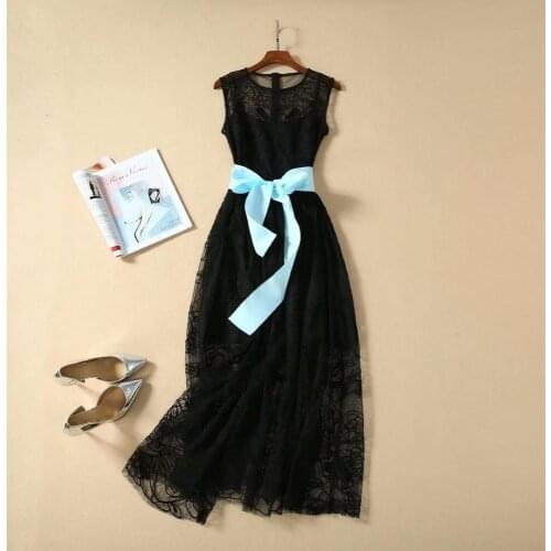 American European womens and clothes spring 2021 new style Big bow belt sleeveless Black dress with fashionable lace