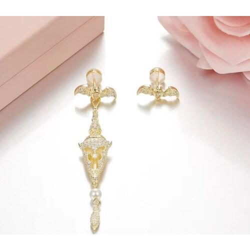 SLJELY 925 Sterling Silver Yellow Gold Color Bat and Lantern Asymmetry Earrings Cubic Zirconia AB Earring Women Fine Jewelry