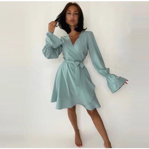 Shyloli Women Casual Solid Belt A-line Dress Flare Long Sleeve Deep V-neck Satin Mini Dress 2021 New Fashion Autumn Sexy Dress