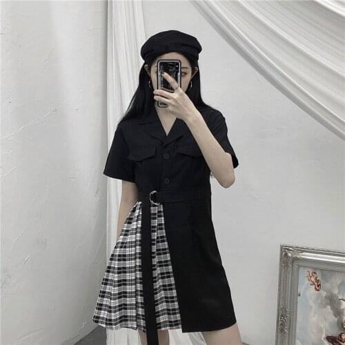 New Harajuku Vintage patchwork Plaid Black Dress Gothic Women Short Sleeve Summer Sweet Mini Fashion A-line Dress 2020