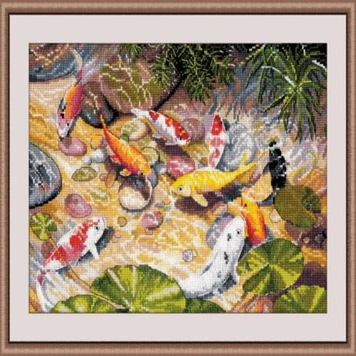Gold Collection Embroidery 9 Koi Carps Cross Stitching Kits with 14CT Aida Counted Canvas & Free Shipping for Housewarming