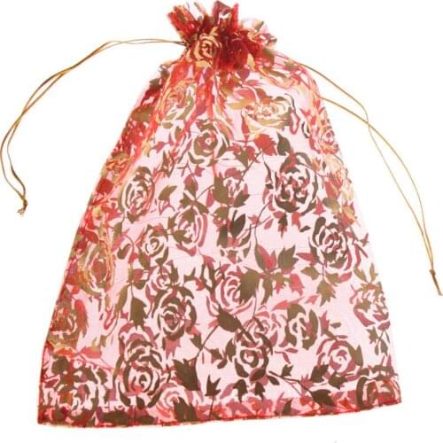100pc/lot 14*22mm Jewelry Gift Bags Organza Red Transparent Bags Printed Rose Rectangle Orange Pouch Packaging Drawstring