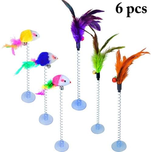 6PCS Cat Toy Feather Bell Toys Spring Sucker Feather Mice Pet Interactive Toy Cat Teaser With Bell Pet Supplies Random Color
