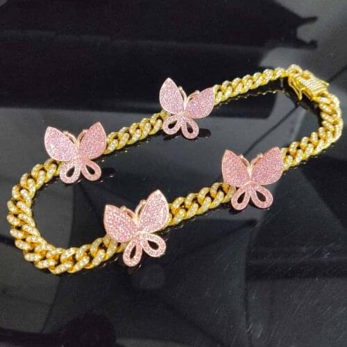 Hip Hop Bling Iced Out 1 Row Cz Miain Cuban Chain Necklace Boys Girls AAA Cubic Zirconia Stone Butterfly Link Necklaces 12mm