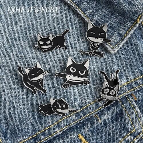 Black ninja cats Enamel Lapel Pins Kung Fu Knife Brooches Badges Fashion Animal Pins Gifts for Friends Jewelry Wholesale
